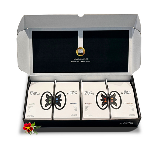 Flour & Olive cake mix gift set with four cake mixes in an elegant gift box.